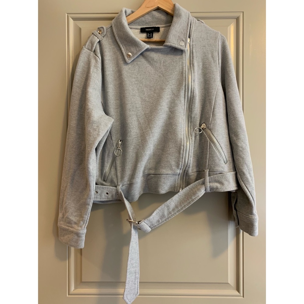 - grey jacket with detachable belt